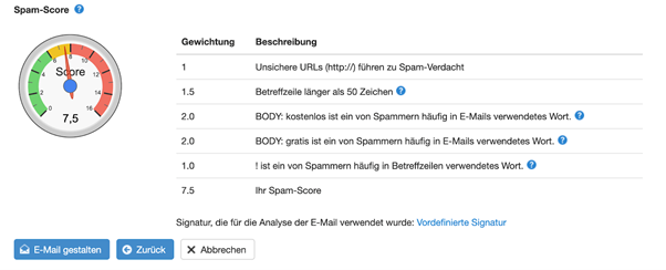 Ansicht Spam-Score Ermittlung in KlickTipp