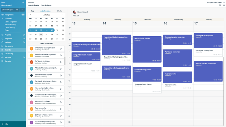 Kalender mit gebuchten Leistungen und geplanten Terminen