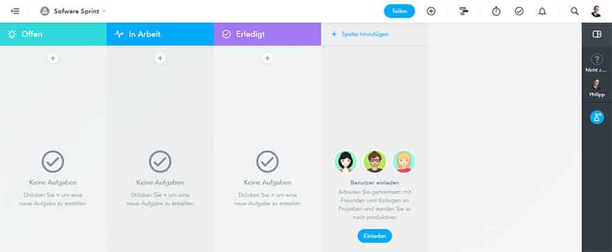 Das Projektboard in der Startansicht
