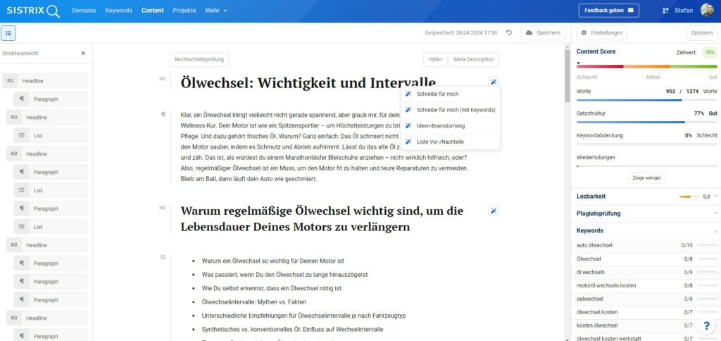 Im Editor des Content-Assistant AI stehen Dir viele nützliche Optionen zur Texterstellung zur Verfügung.