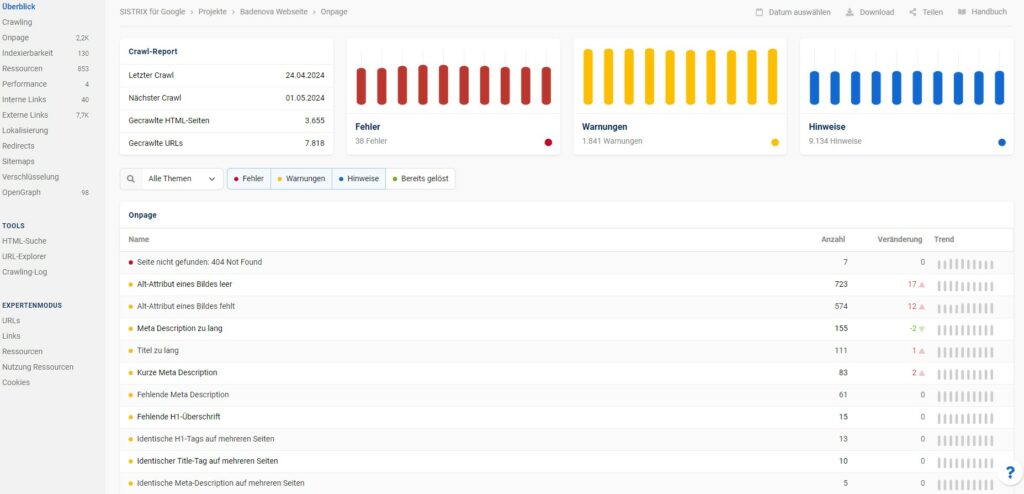 Die OnPage-Analyse in SISTRIX zeigt Dir im Detail, wo Dein Optimierungsbedarf liegt und wie kritisch es ist.