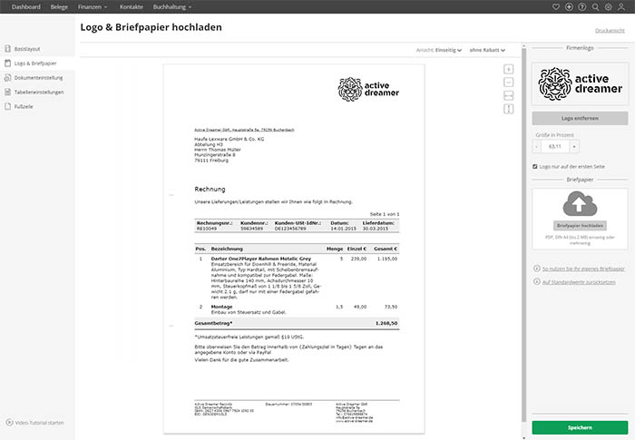 Ansicht des Rechnungslayouts.