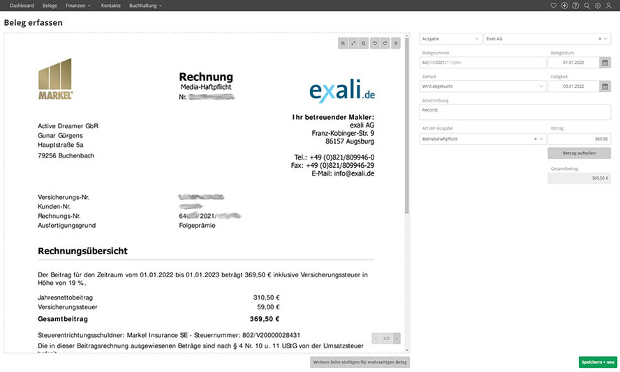 Ansicht des Beleges in der Buchungsmaske