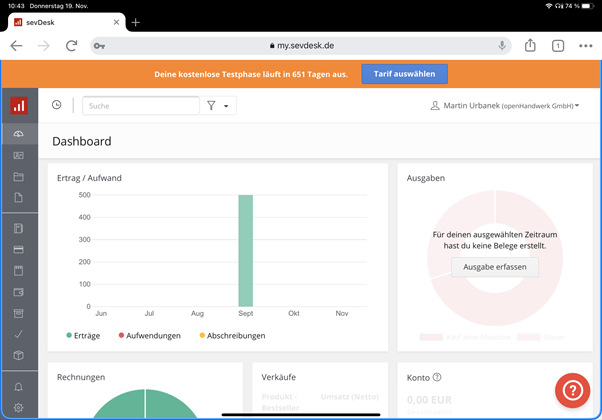 sevDesk Dashboard Balkendiagramm