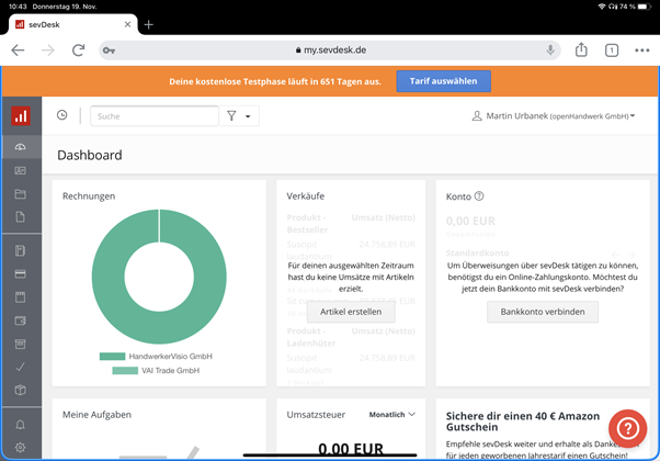 sevDesk Dashboard Rechnungen