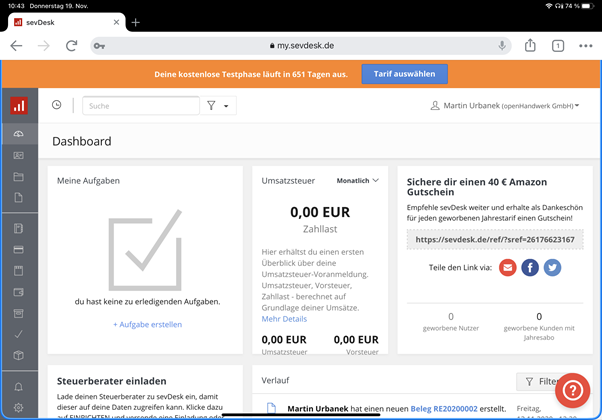 sevDesk Dashboard Umsatzsteuer