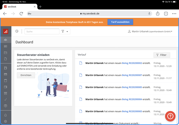 sevDesk Dashboard Steuerberater einladen