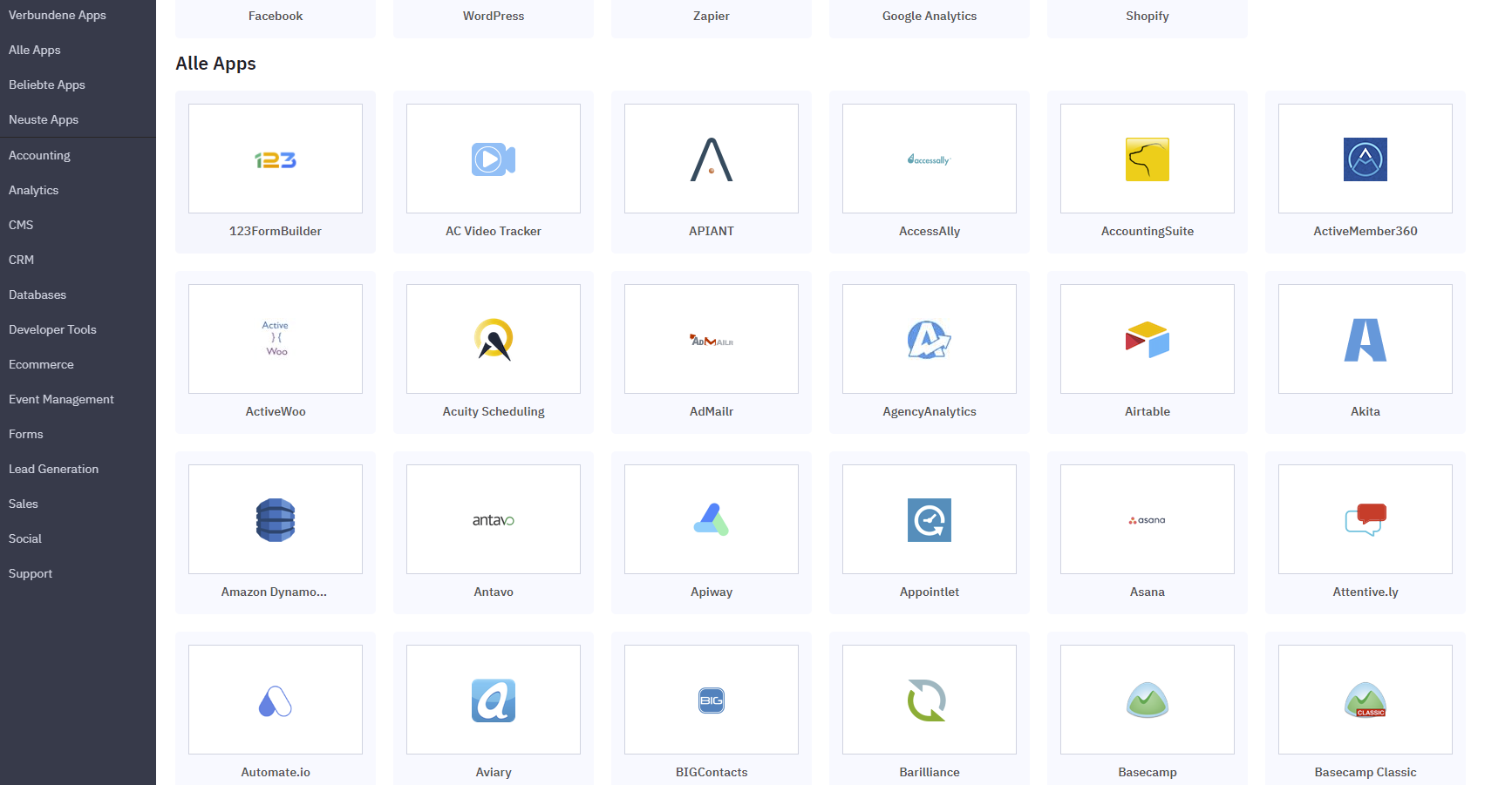 Ein Teil der Apps in Active Campaign