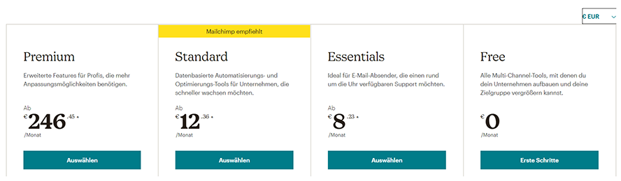 Die Preisübersicht bei MailChimp