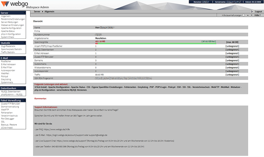 Webspace-Admin Übersicht