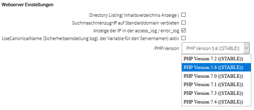 PHP-Version einstellbar