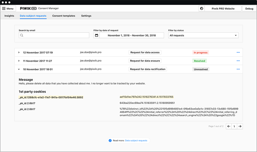 Piwik PRO Consent Manager - Data subject requests