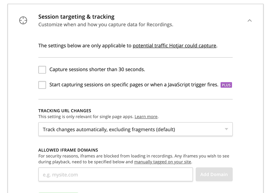 Screenshot bildet Session Targeting und tracking von Hotjar ab