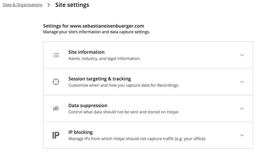 Das Bild zeigt die Site Settings von Hotjar