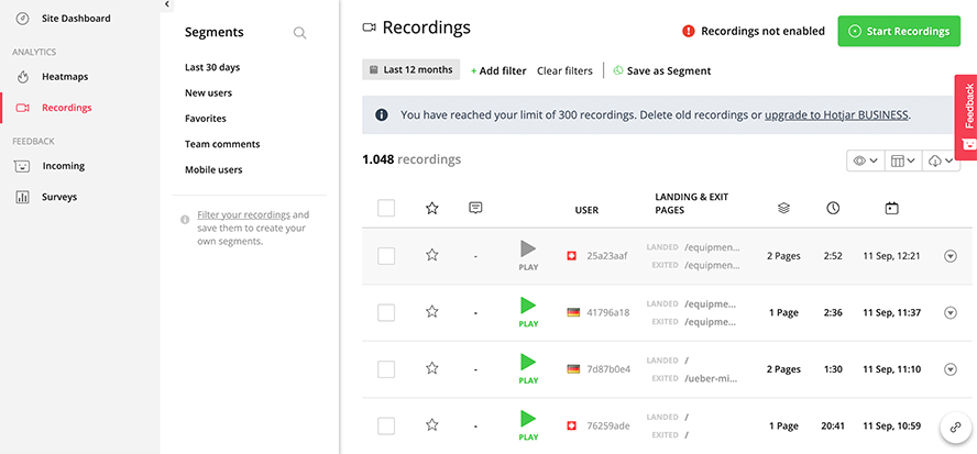 Die Rubrik Recording bei hotjar