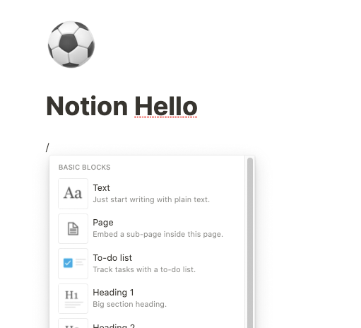 Auswahl der Content Blocks in Notion