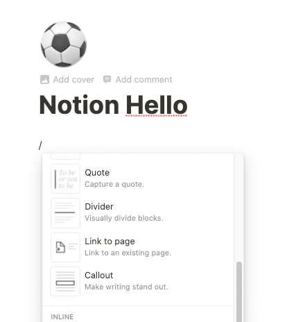 Auswahl der Content Blocks in Notion