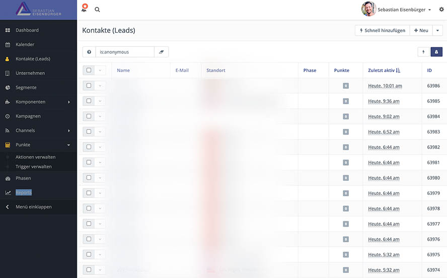 So sieht die Übersicht der Kontakte (Leads) bei Mautic aus