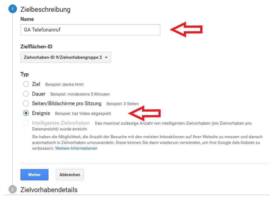 Google Analytics Zielbeschreibung