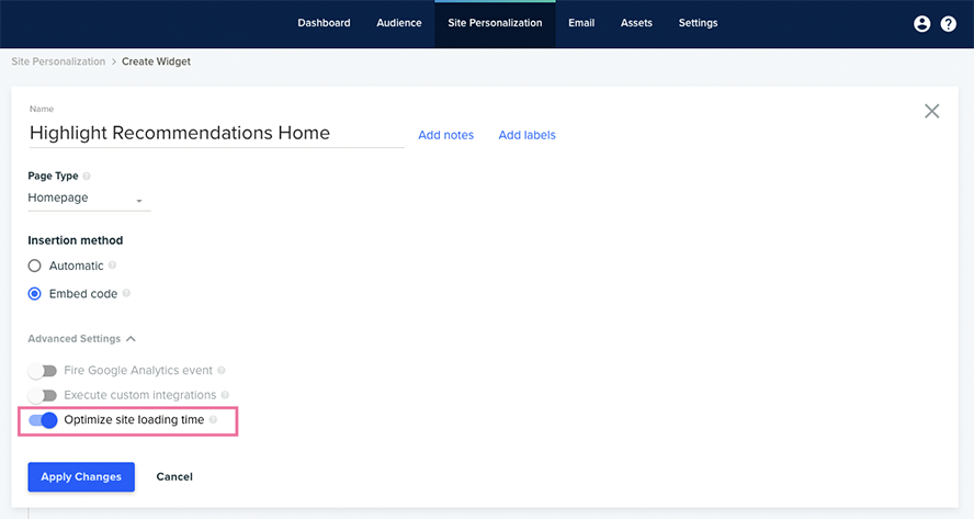 Hier aktiviere ich ganz einfach das Lazy-Loading in der Dynamic Yield-Plattform