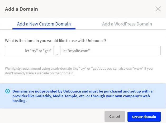 Verknüpfung mit Domain, um Unbounce einzusetzen