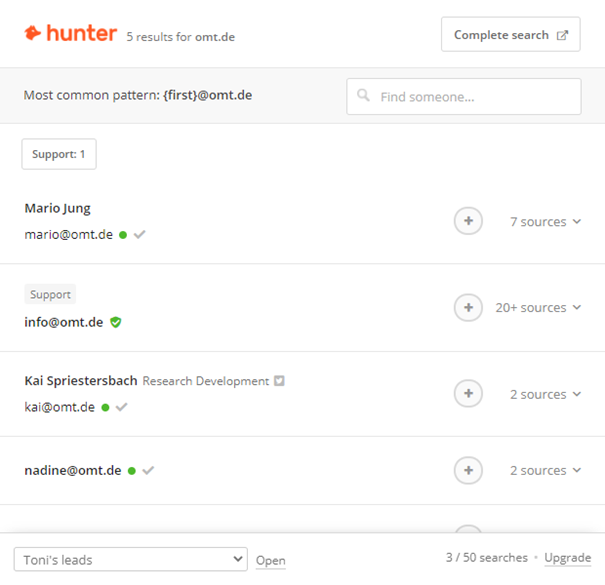 Emailadressen mit hunter finden