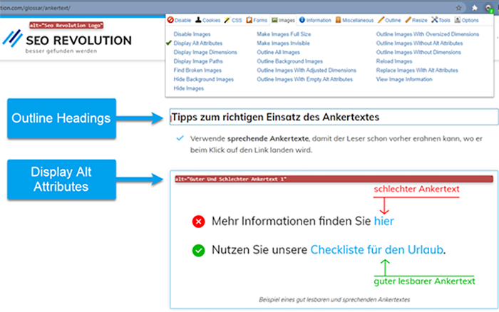 Zahlreiche Möglichkeiten bei Images und Co mit der Web Developer Browser Erweiterung