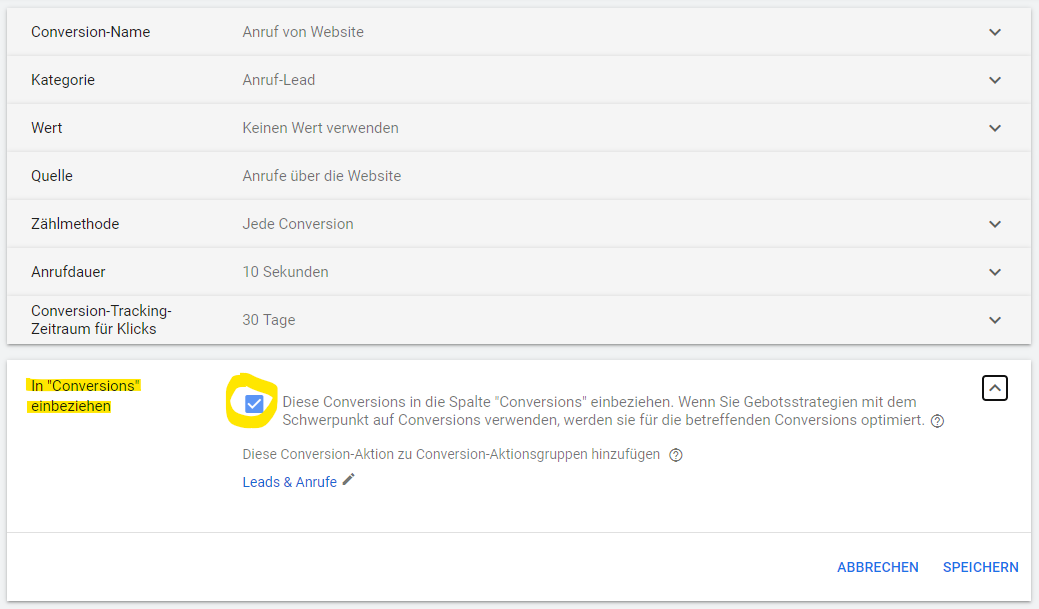 Conversions einbeziehen oder ausschließen