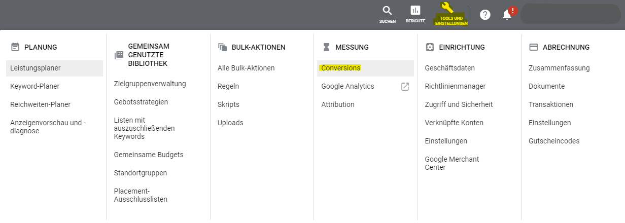 Menüpunkt Conversions