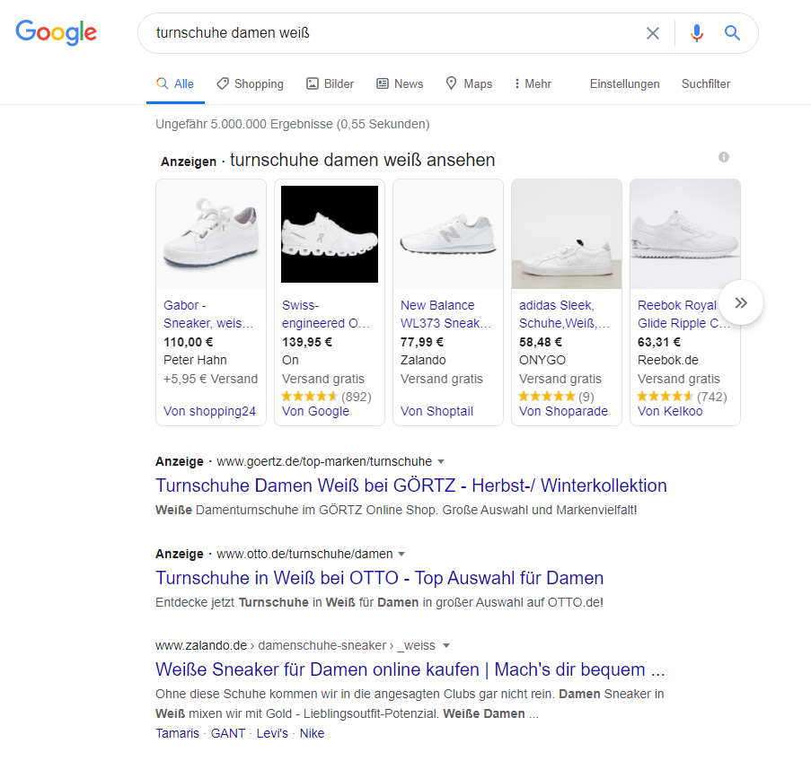 Beispiel für Google Shopping Anzeigen