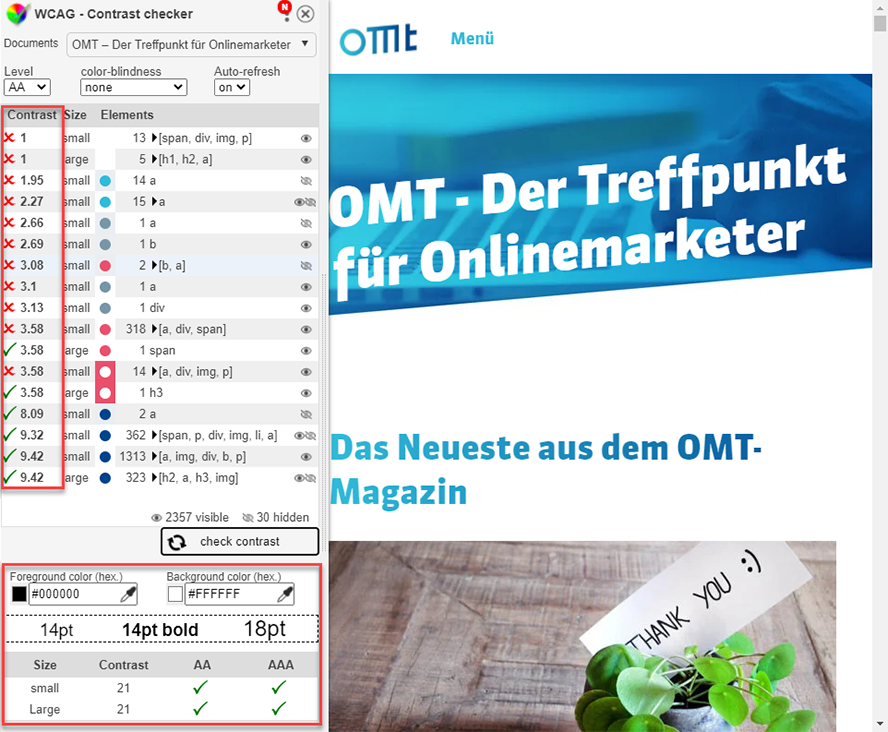 Kontrast zwischen Elementen und Text bestimmen mit WCAG Color contrast Checker
