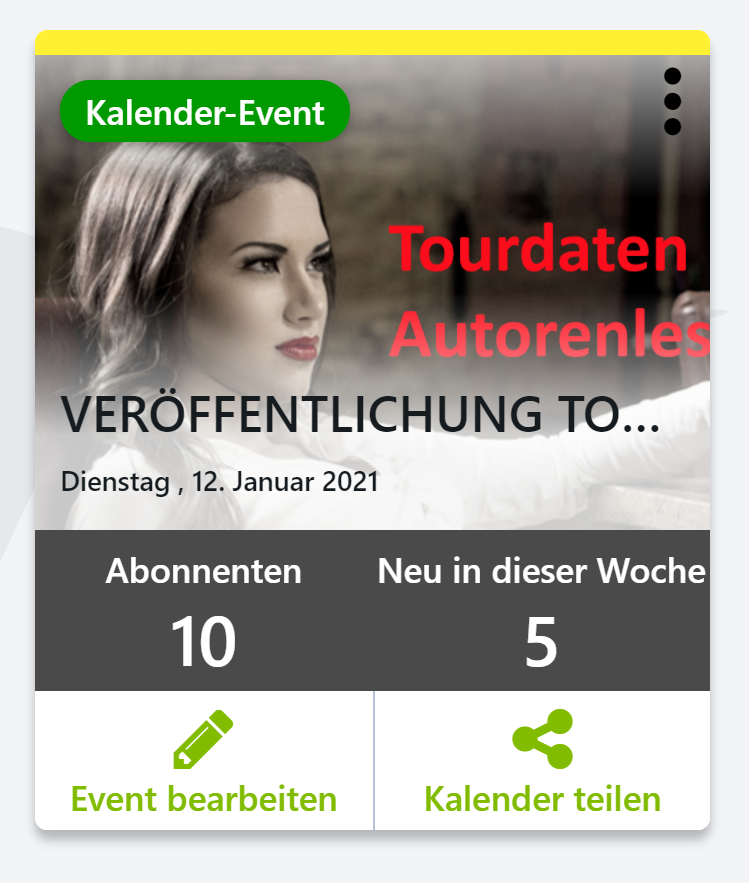 Jumpbird Kalender Event, Abonnenten; Neu in dieser Woche, Event bearbeiten; Kalender teilen