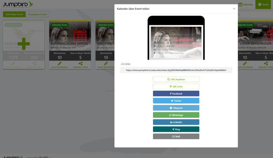 Jumpbird Kalender über Event teilen
