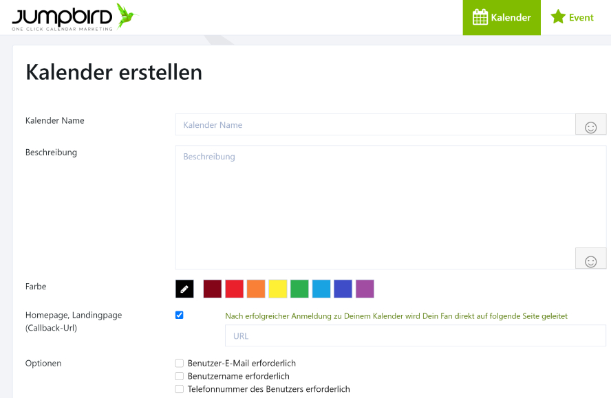 Kalender Name, Beschreibung, Farbe, Homepage, Optionen