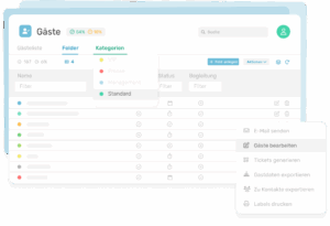 Screenshot einer digitalen Gästelistenverwaltung mit farbigen Kategorien wie VIP und Presse, Filter- und Bearbeitungsfunktionen sowie Optionen zum Bearbeiten von Gästen, Versenden von E-Mails und Generieren von Tickets in einer Event-Management-Software.