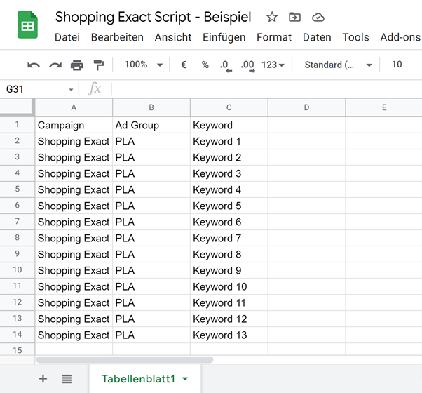 Shopping Exact Script Excelsheet