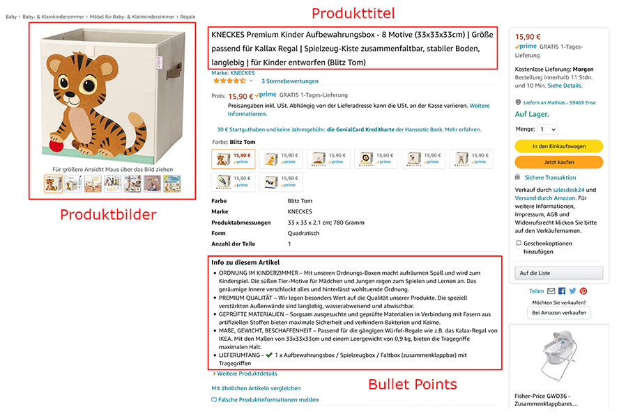 Die wichtigsten Bestandteile des Amazon Listings sind für den User direkt sichtbar, ohne scrollen zu müssen.