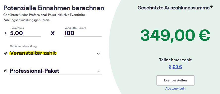 Berechnungen der potentiellen Einnahmen des Events, wenn Veranstalter Eventbrite-Gebühren zahlt