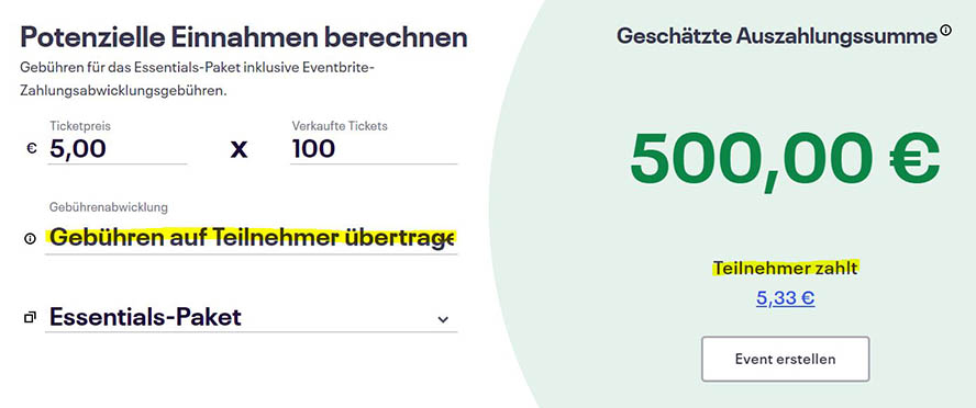 Einnahmeberechnung für Event, wenn Eventbrite-Gebühren von Teilnehmern getragen werden