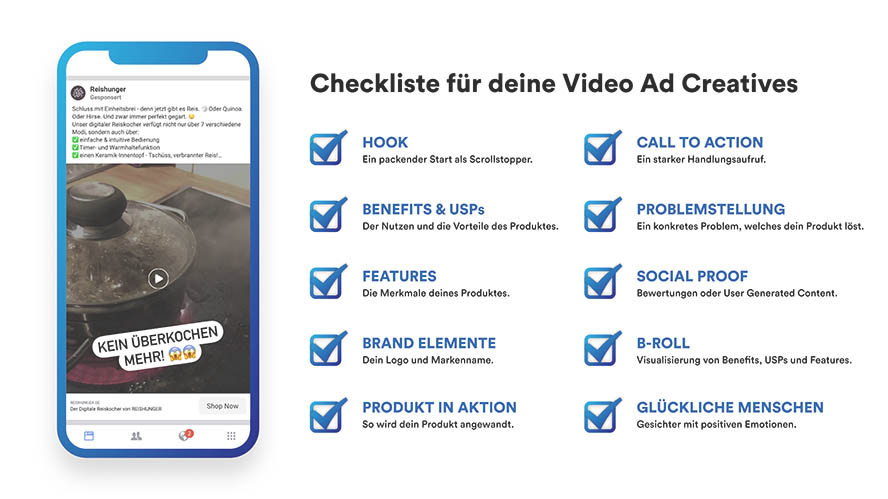 Checkliste mit wichtigen Elementen für Creative Video Ads