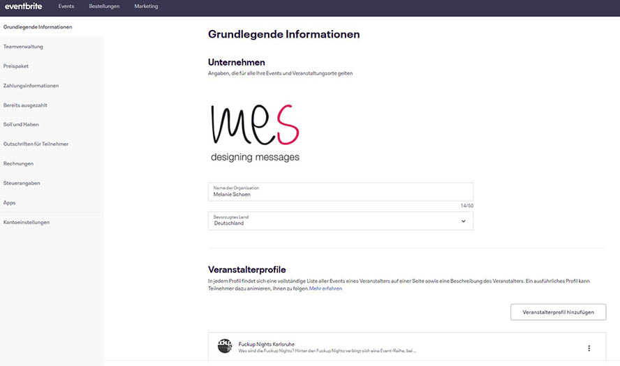 So sieht die Organisationsseite von Eventbrite aus