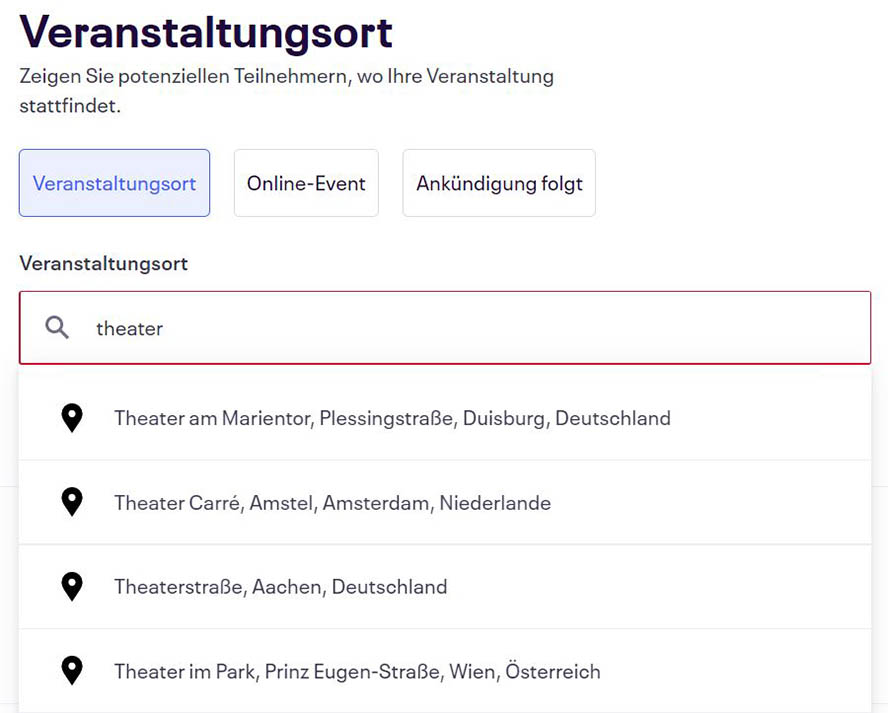 Eingabe des Veranstaltungsorts bei Eventbrite