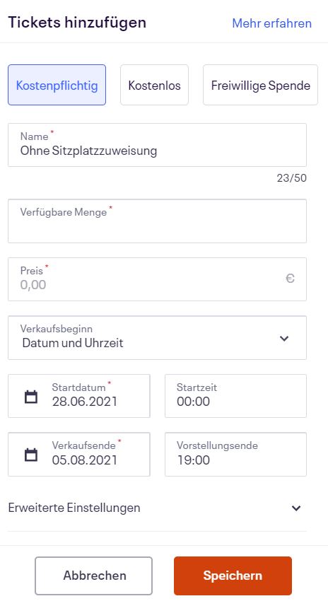 Maske, um Tickets hinzuzufügen