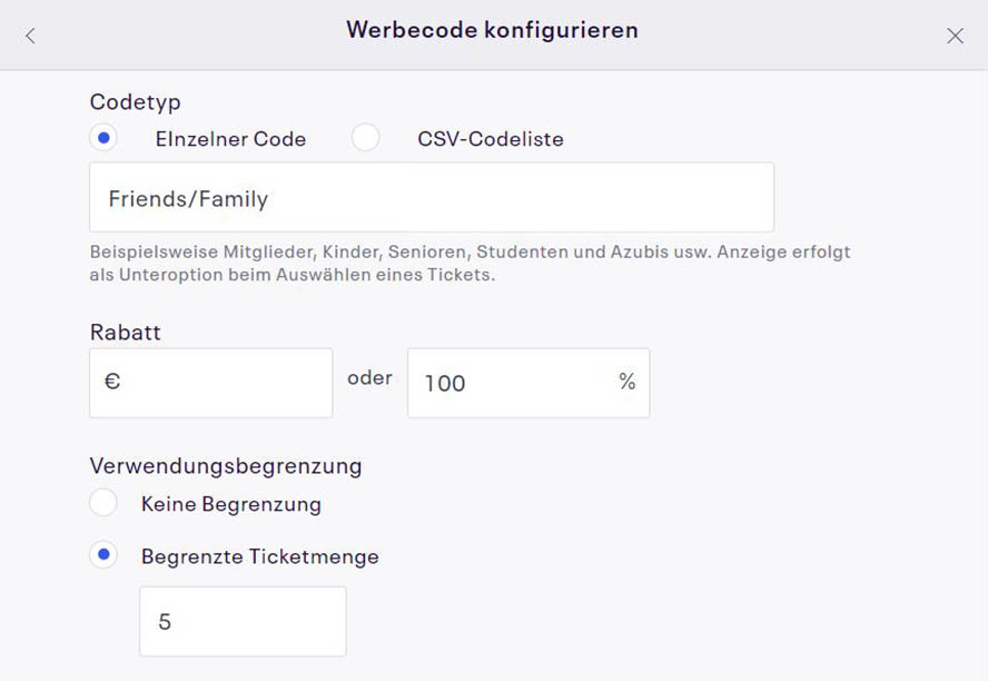 Maske, um Werbecode zu konfigurieren