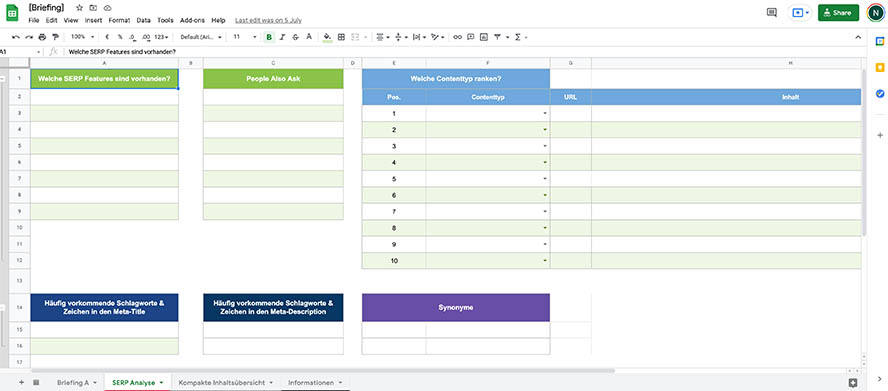 Google Sheet Briefing Contenterstellung