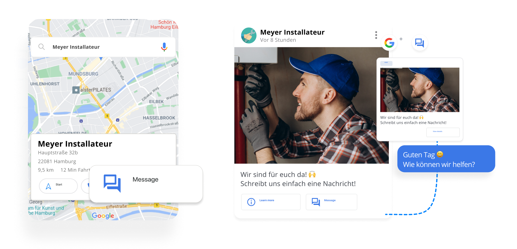 Lokale Anbieter werden oft über Google Maps gefunden und sollten auch hier kontaktiert werden können. Mit ChatWerk klappt das.
