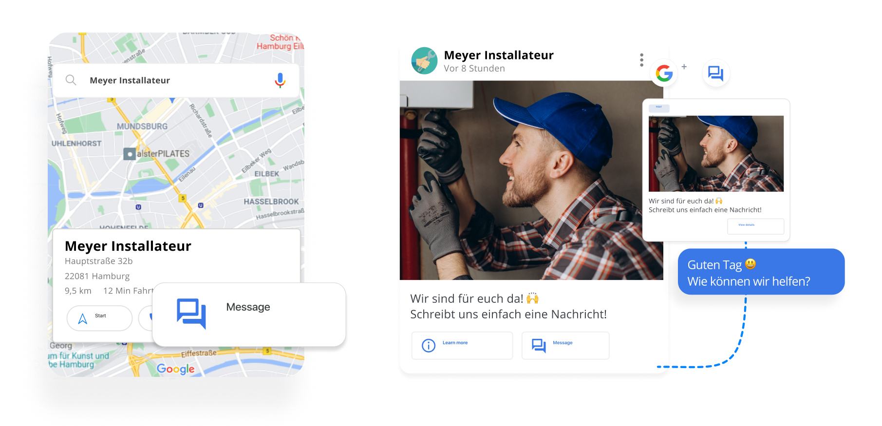 Lokale Anbieter werden oft über Google Maps gefunden und sollten auch hier kontaktiert werden können. Mit ChatWerk klappt das.