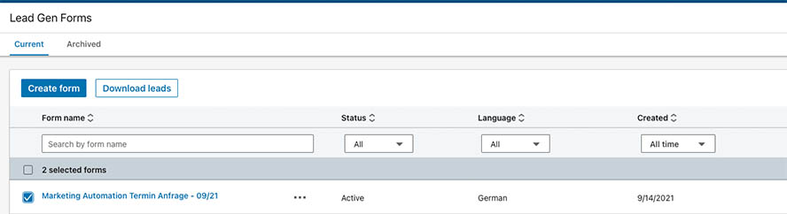 Unter „Download“ kannst du alle Leads für Dein Lead Gen Formular als Excel Datei exportieren.