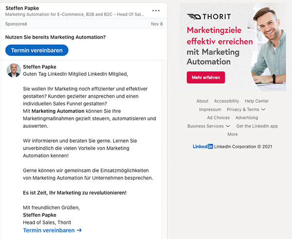 LinkedIn Lead Gen Forms können auch in Message Ads (Direktnachrichten) eingebunden werden