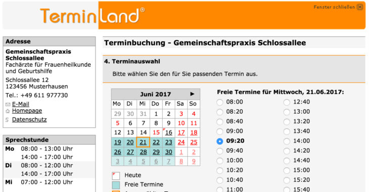 TerminLand Benutzeroberfläche Buchungssystem